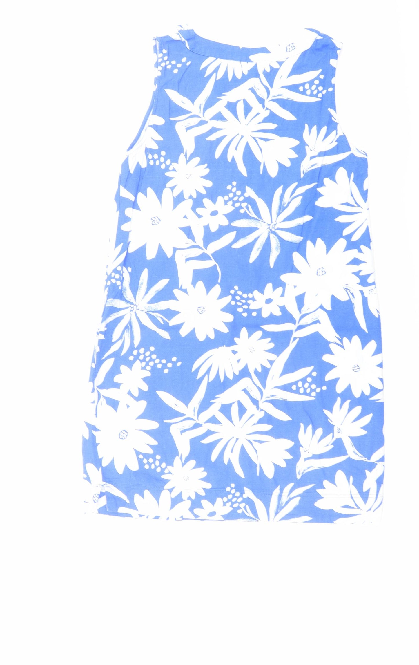 Marks and Spencer Womens Blue Floral Linen A-Line Size 14 V-Neck Pullover