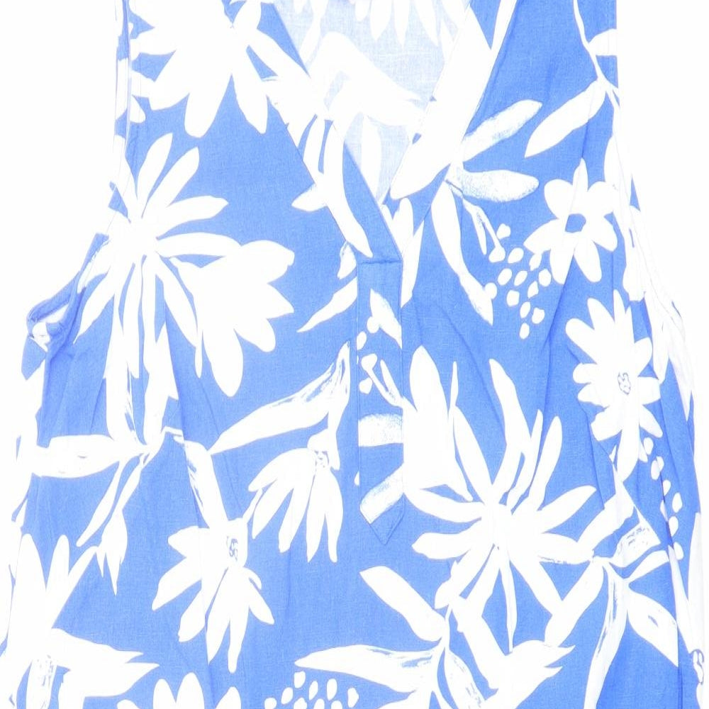 Marks and Spencer Womens Blue Floral Linen A-Line Size 14 V-Neck Pullover