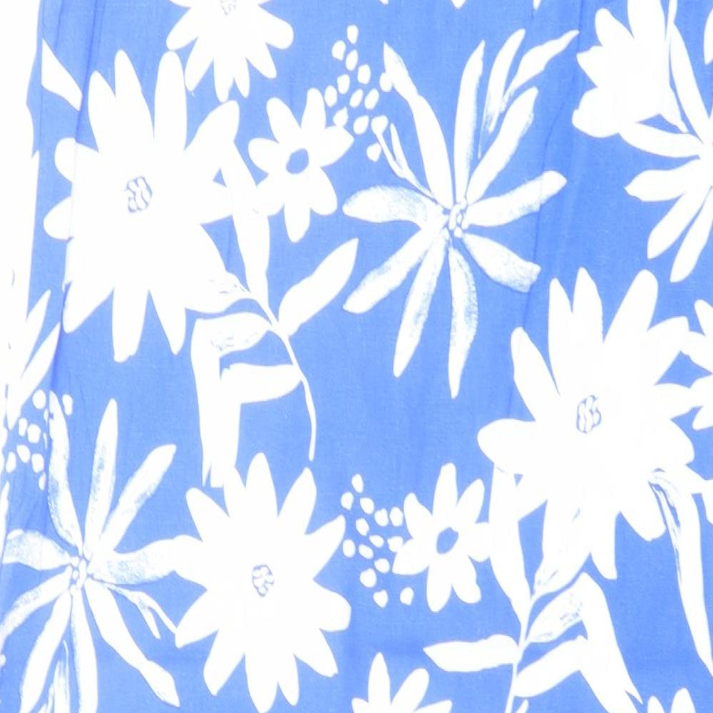 Marks and Spencer Womens Blue Floral Linen A-Line Size 14 V-Neck Pullover