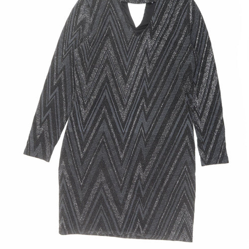 Oasis Womens Black Geometric Polyamide A-Line Size M Round Neck Button
