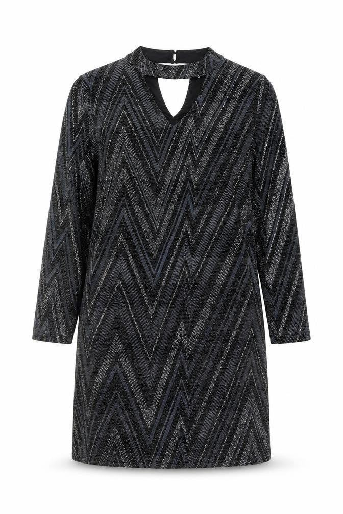 Front view of Oasis women’s black geometric polyamide a-line, size M, round neck button