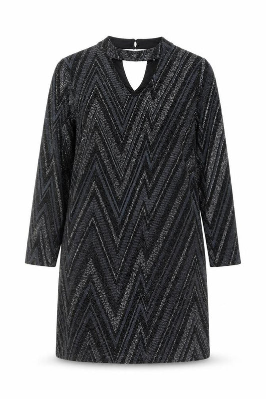 Front view of Oasis women’s black geometric polyamide a-line, size M, round neck button