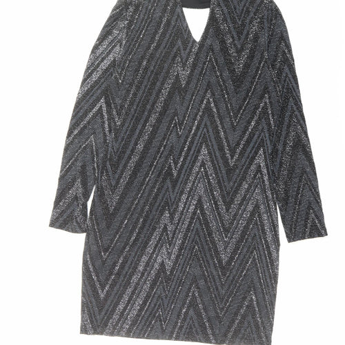 Oasis Womens Black Geometric Polyamide A-Line Size M Round Neck Button