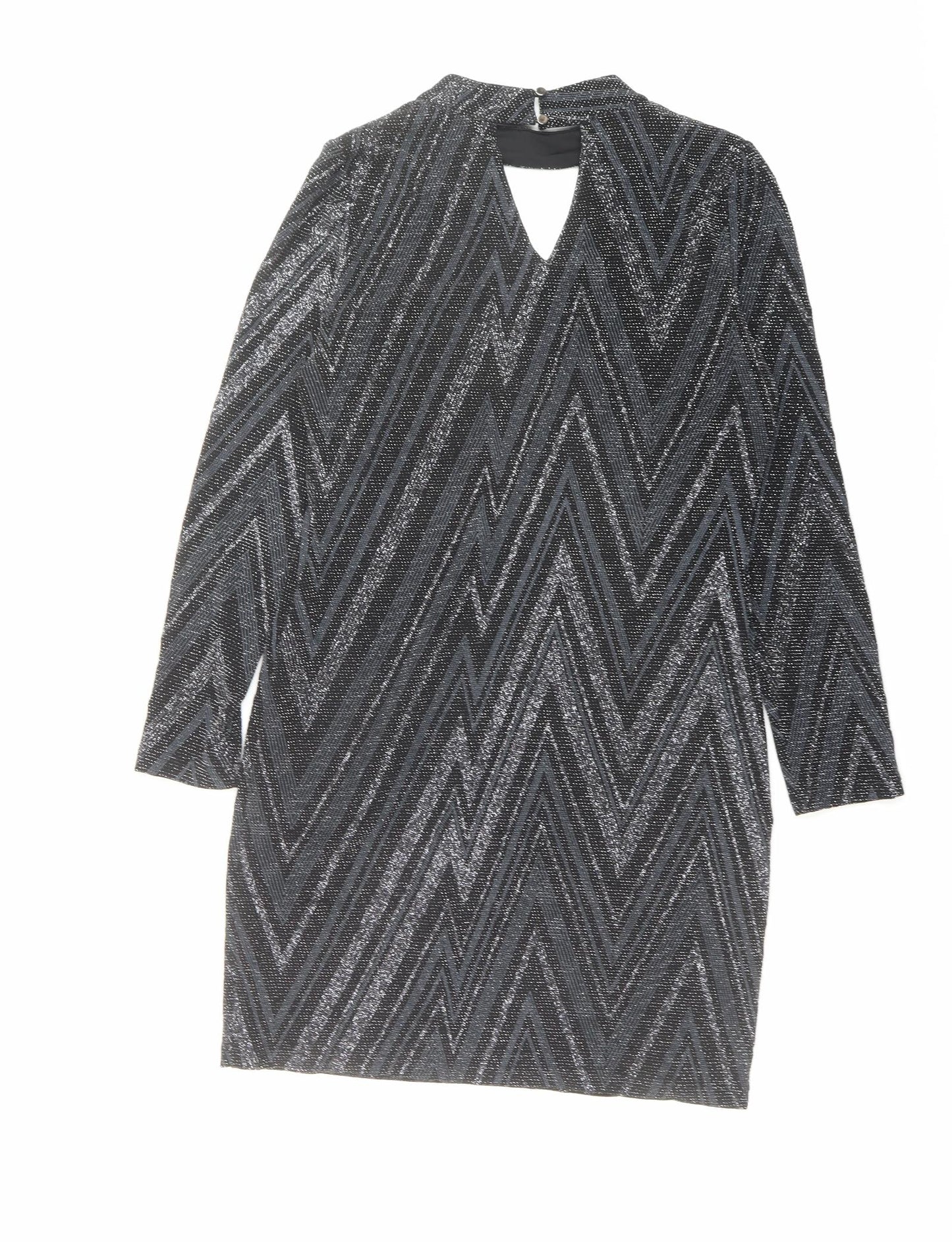 Oasis Womens Black Geometric Polyamide A-Line Size M Round Neck Button