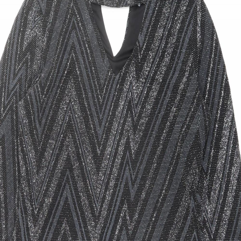 Oasis Womens Black Geometric Polyamide A-Line Size M Round Neck Button