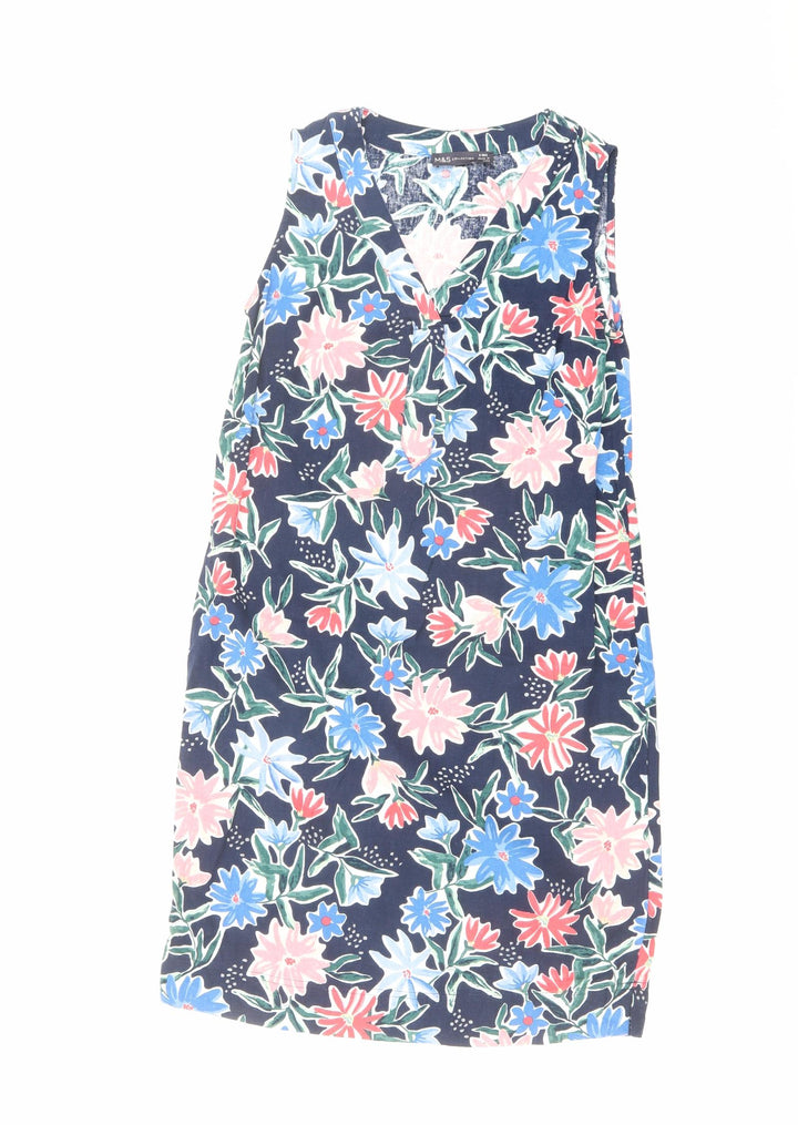 Marks and Spencer Womens Multicoloured Floral Linen A-Line Size 6 V-Neck Pullover