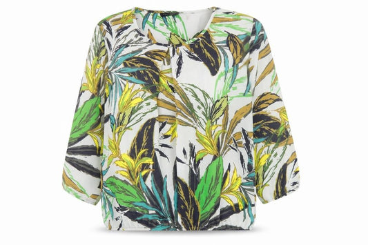 Front view of Betty Barclay women’s green geometric polyester basic blouse, size UK 10, round neck - leaf pattern