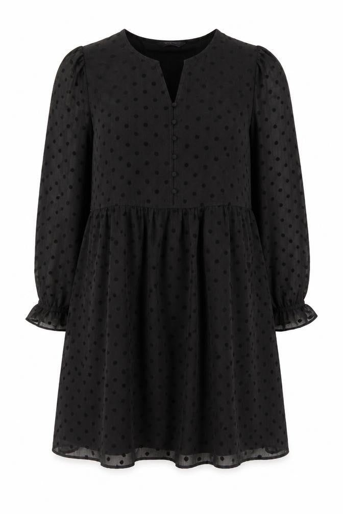 Front view of Marks & Spencer women’s black polka dot polyester a-line, size UK 12, v-neck button