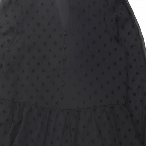 Marks and Spencer Womens Black Polka Dot Polyester A-Line Size 12 V-Neck Button
