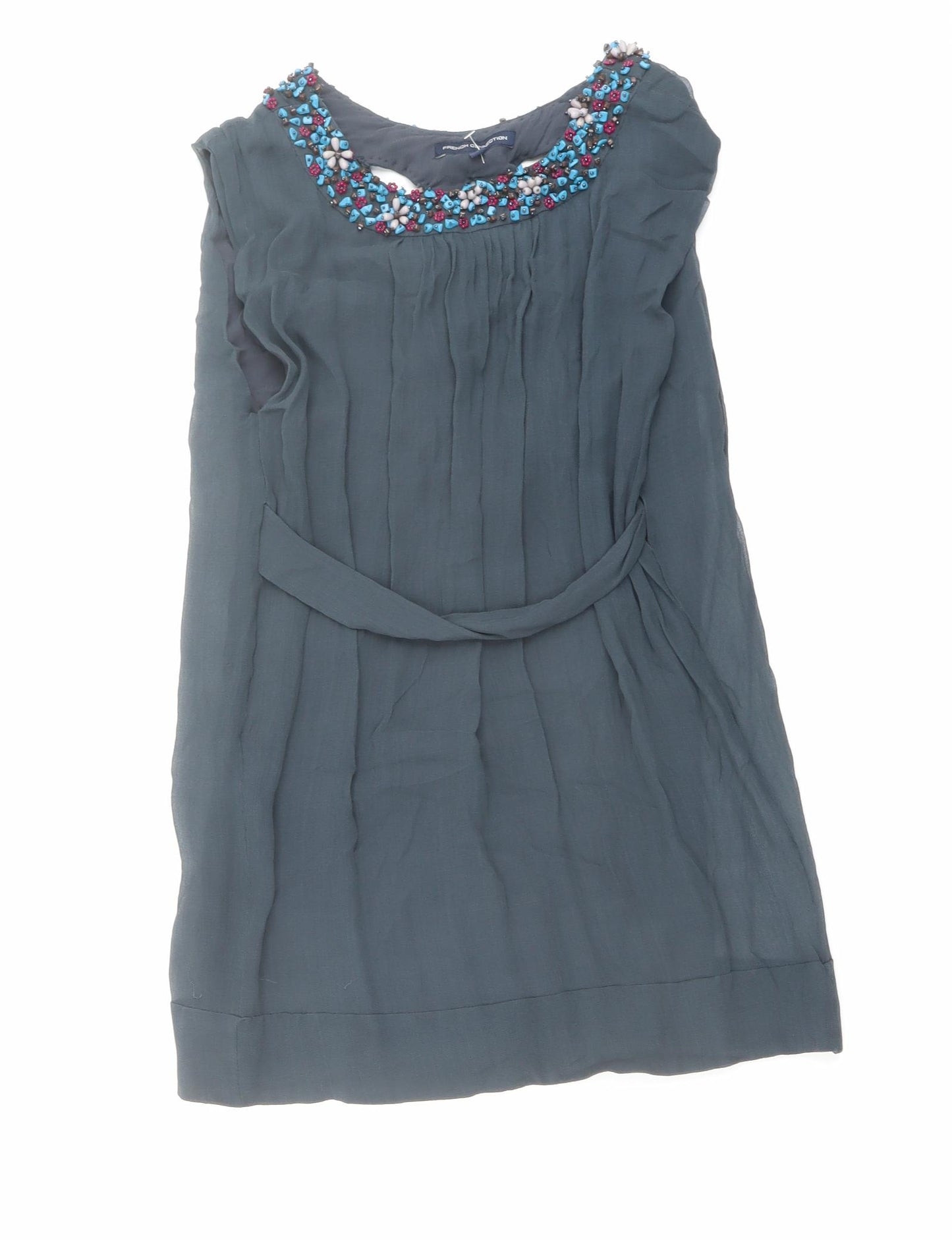 French Connection Womens Blue Silk Basic Blouse Size 10 Boat Neck - Embellished