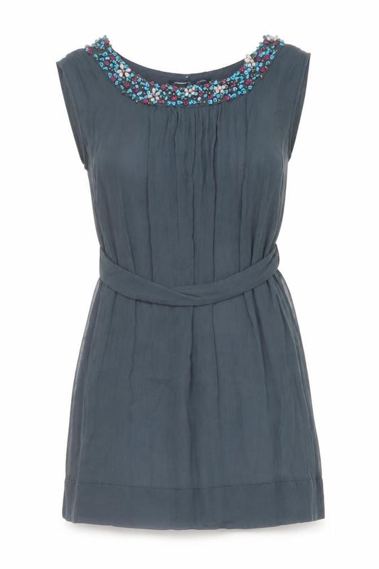 Front view of French Connection women’s blue silk basic blouse, size UK 10, boat neck - embellished