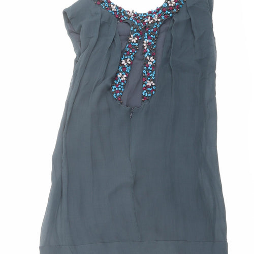 French Connection Womens Blue Silk Basic Blouse Size 10 Boat Neck - Embellished