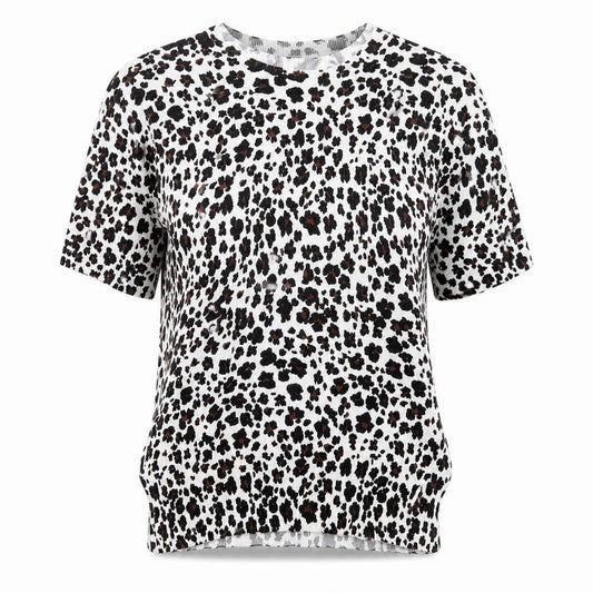 Front view of Marks & Spencer women’s multicoloured round neck animal print viscose jumper, size UK 6, - leopard pattern