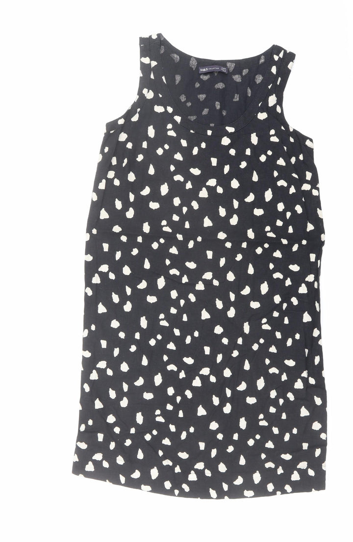 Marks and Spencer Womens Black Geometric Linen Tank Dress Size 8 Scoop Neck Pullover