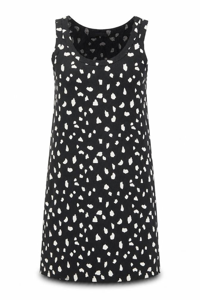 Marks and Spencer Womens Black Geometric Linen Tank Dress Size 8 Scoop Neck Pullover
