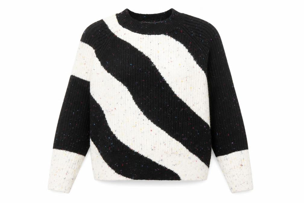 Front view of Marks & Spencer women’s black round neck geometric acrylic jumper, size S
