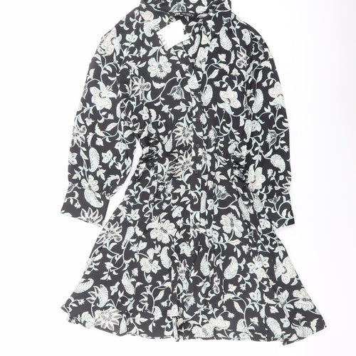 Zara Womens Black Floral Polyester A-Line Size XS Collared Button