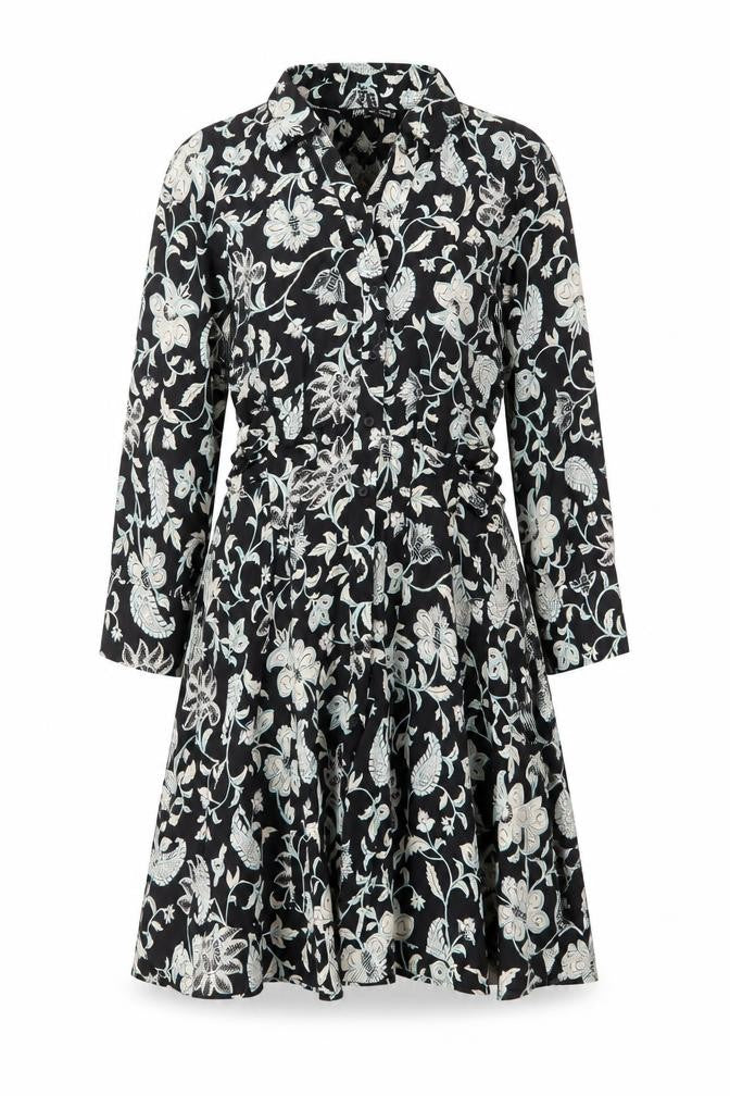 Front view of Zara women’s black floral polyester a-line, size XS, collared button