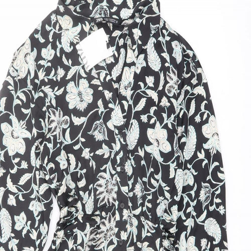 Zara Womens Black Floral Polyester A-Line Size XS Collared Button