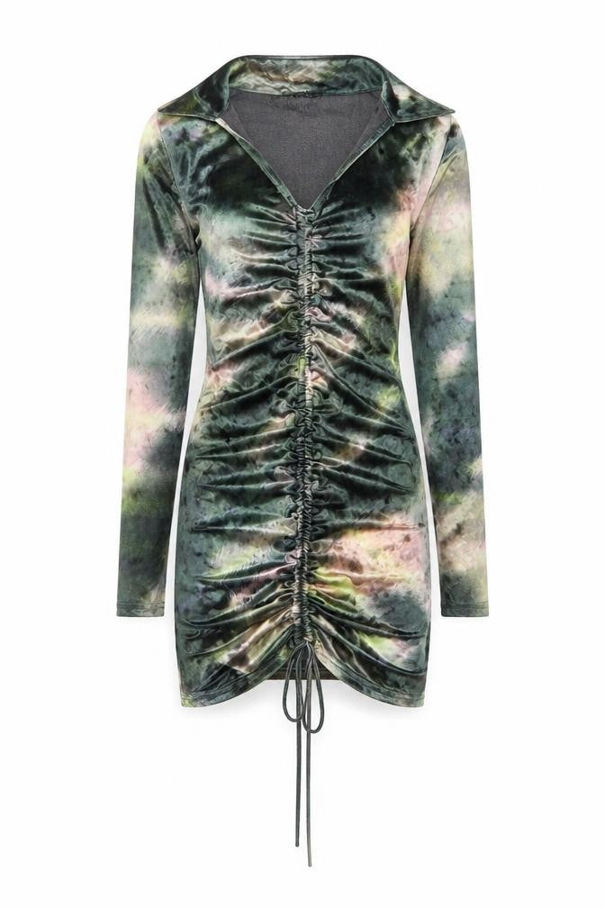 Front view of Motel Rocks women’s green geometric polyester bodycon, size XS, collared pullover