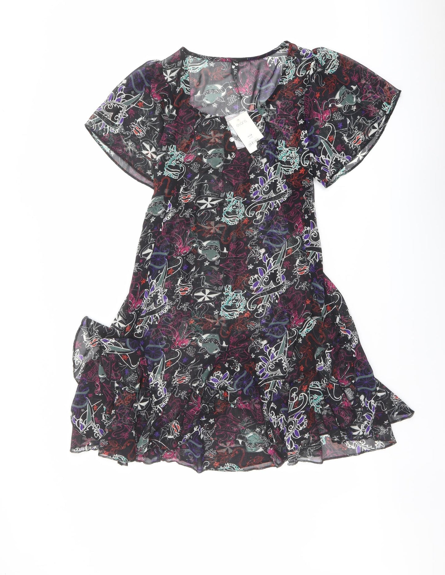 Evans Womens Multicoloured Geometric Polyester A-Line Size 14 Round Neck Button