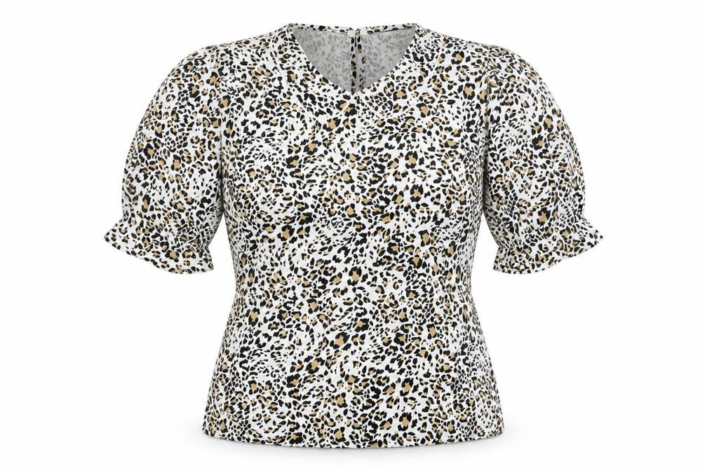 Front view of Marks & Spencer women’s multicoloured animal print viscose basic blouse, size UK 6, collared