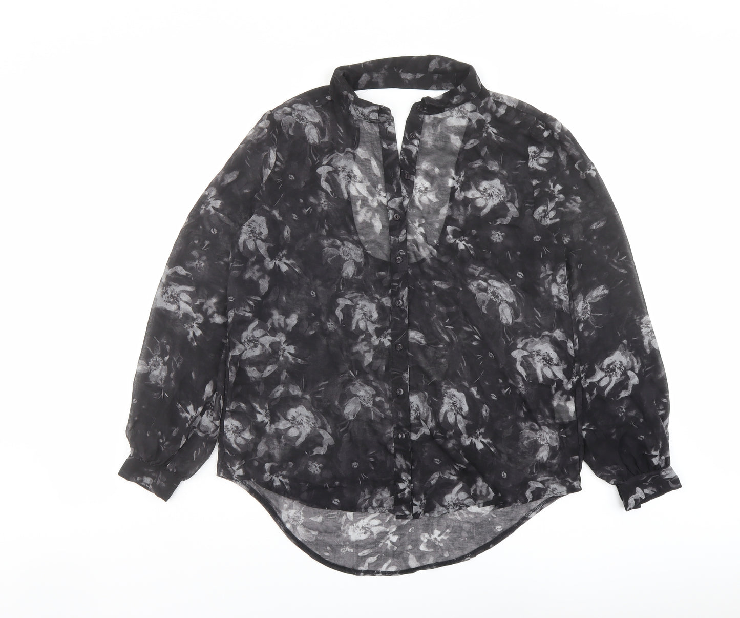 Sparkle & Fade Womens Black Geometric Polyester Basic Button-Up Size M Collared - Cut Out Detail