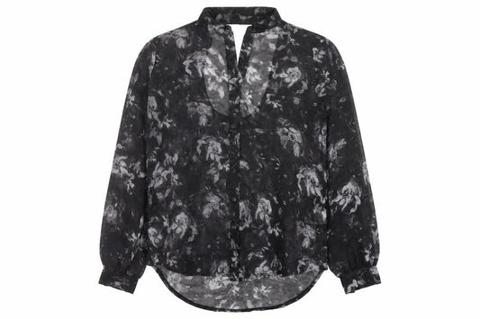 Front view of Sparkle & Fade women’s black geometric polyester basic button-up, size M, collared - cut out detail