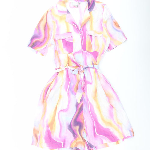 ICHI Womens Multicoloured Geometric Viscose Playsuit One-Piece Size 8 Button