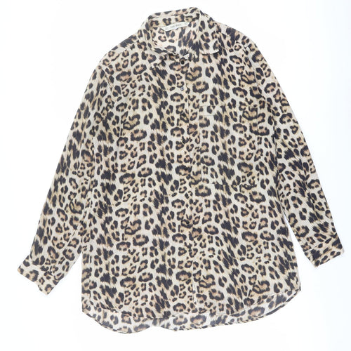 Zara Womens Brown Animal Print Polyester Tunic Button-Up Size S Collared - Leopard Print