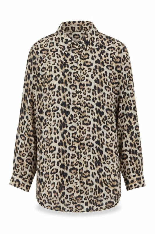 Front view of Zara women’s brown animal print polyester tunic button-up, size S, collared - leopard print
