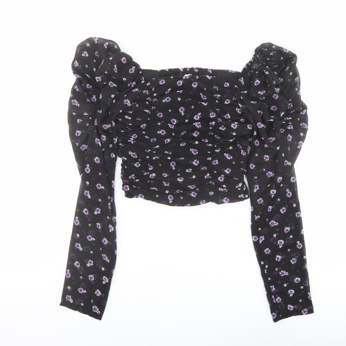 H&M Womens Black Floral Polyester Cropped Blouse Size 4 Square Neck - Ruched Sleeves
