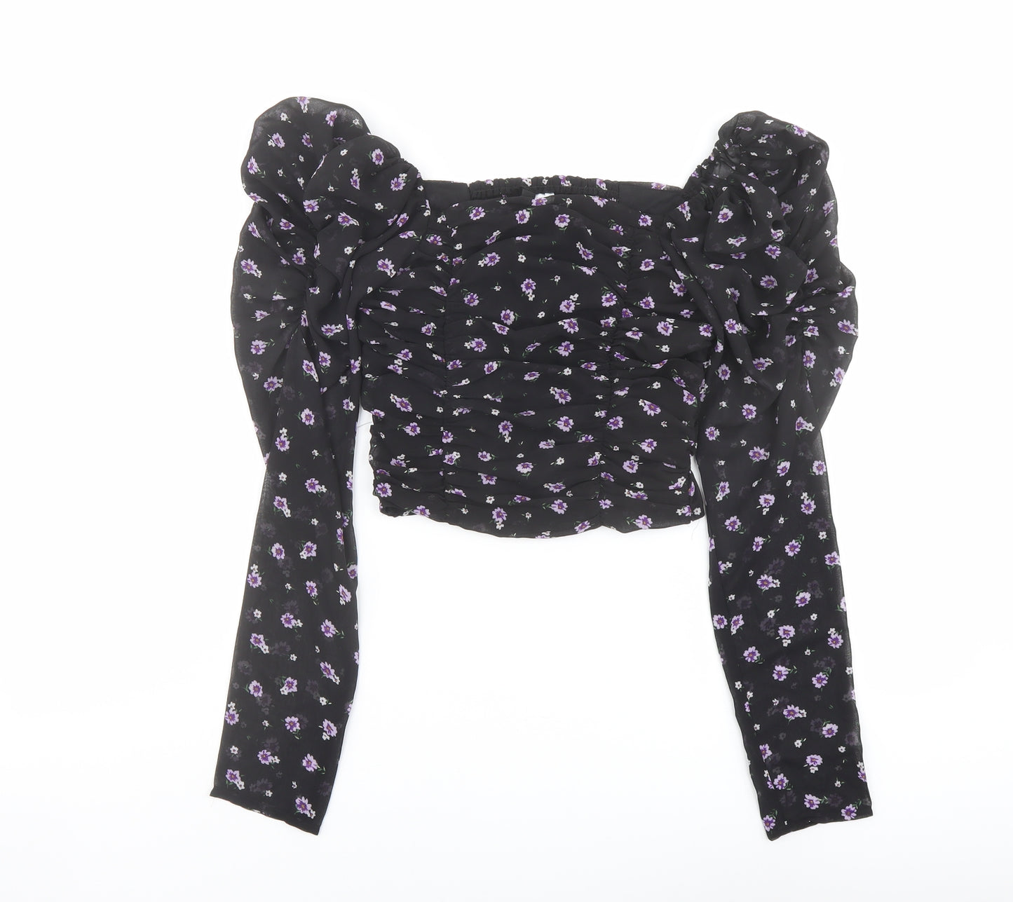 H&M Womens Black Floral Polyester Cropped Blouse Size 4 Square Neck - Ruched Sleeves