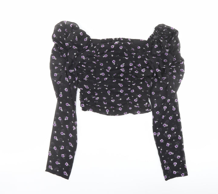 H&M Womens Black Floral Polyester Cropped Blouse Size 4 Square Neck - Ruched Sleeves