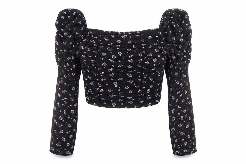 Front view of H&M women’s black floral polyester cropped blouse, size UK 4, square neck - ruched sleeves
