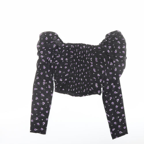 H&M Womens Black Floral Polyester Cropped Blouse Size 4 Square Neck - Ruched Sleeves