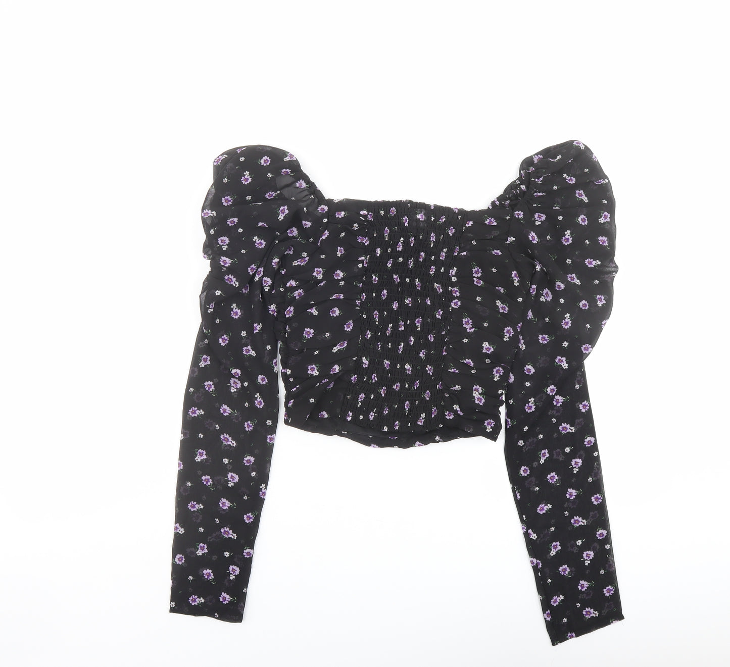 H&M Womens Black Floral Polyester Cropped Blouse Size 4 Square Neck - Ruched Sleeves