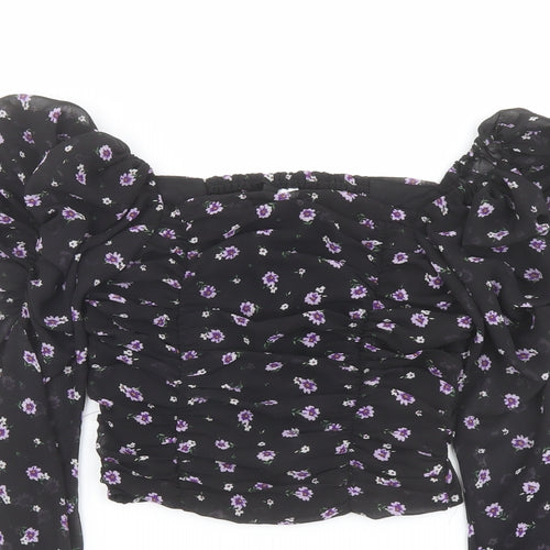 H&M Womens Black Floral Polyester Cropped Blouse Size 4 Square Neck - Ruched Sleeves