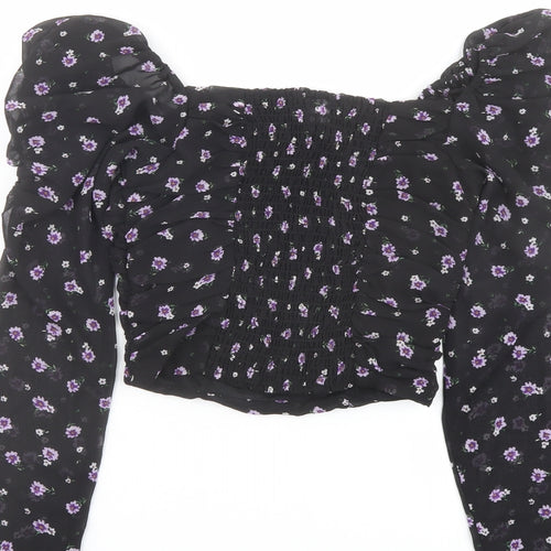 H&M Womens Black Floral Polyester Cropped Blouse Size 4 Square Neck - Ruched Sleeves