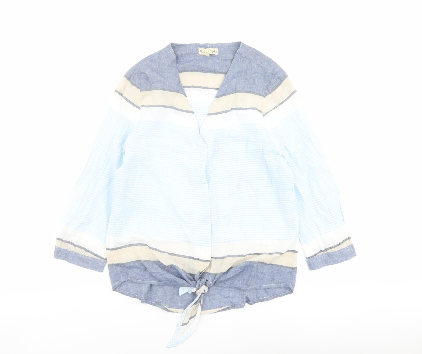 Phase Eight Womens Blue Striped Cotton Basic Blouse Size 18 V-Neck - Tie Front Detail