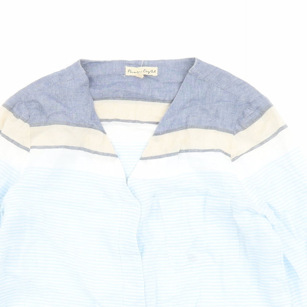 Phase Eight Womens Blue Striped Cotton Basic Blouse Size 18 V-Neck - Tie Front Detail