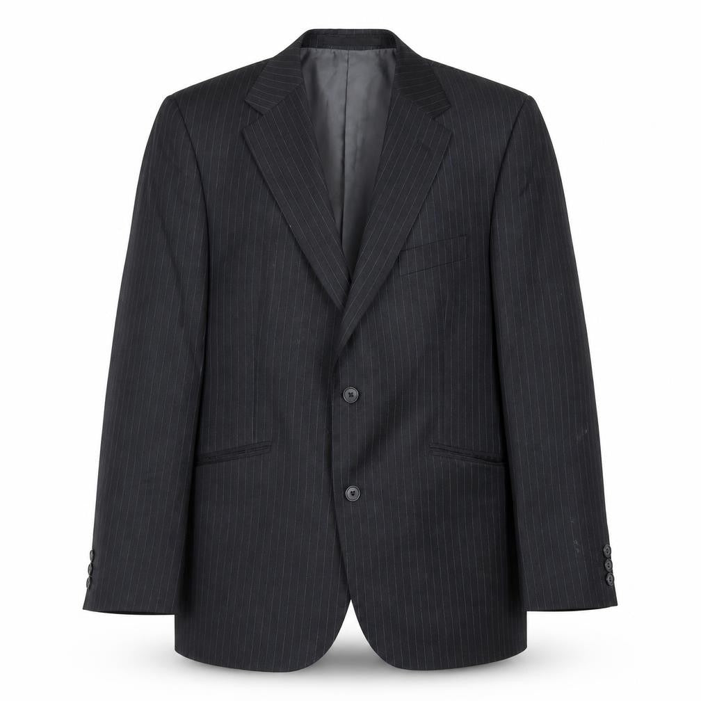 Front view of Marks & Spencer men’s grey striped polyester jacket suit jacket, size 42, regular