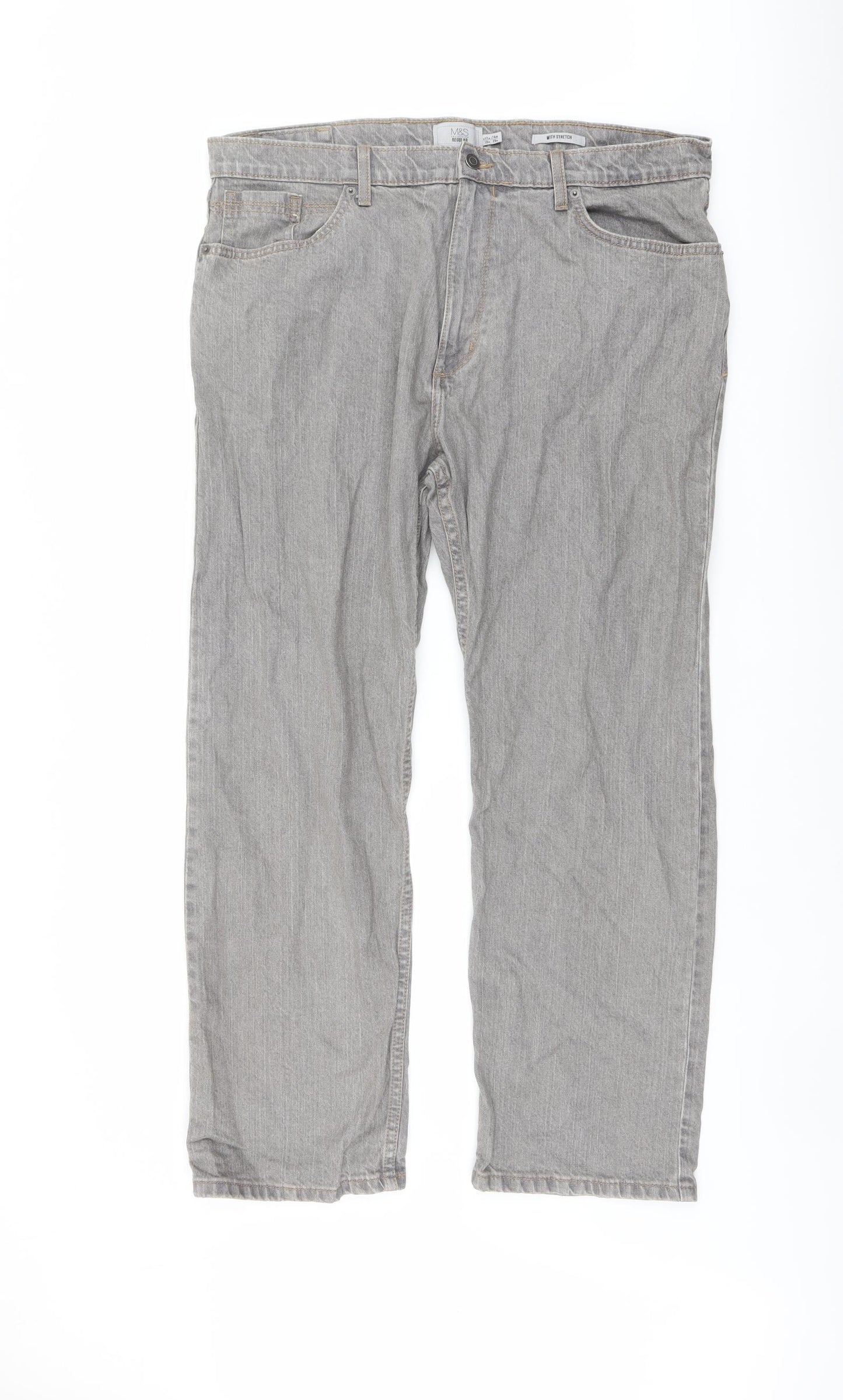 Marks and Spencer Mens Grey Cotton Straight Jeans Size 38 in L29 in Regular Button