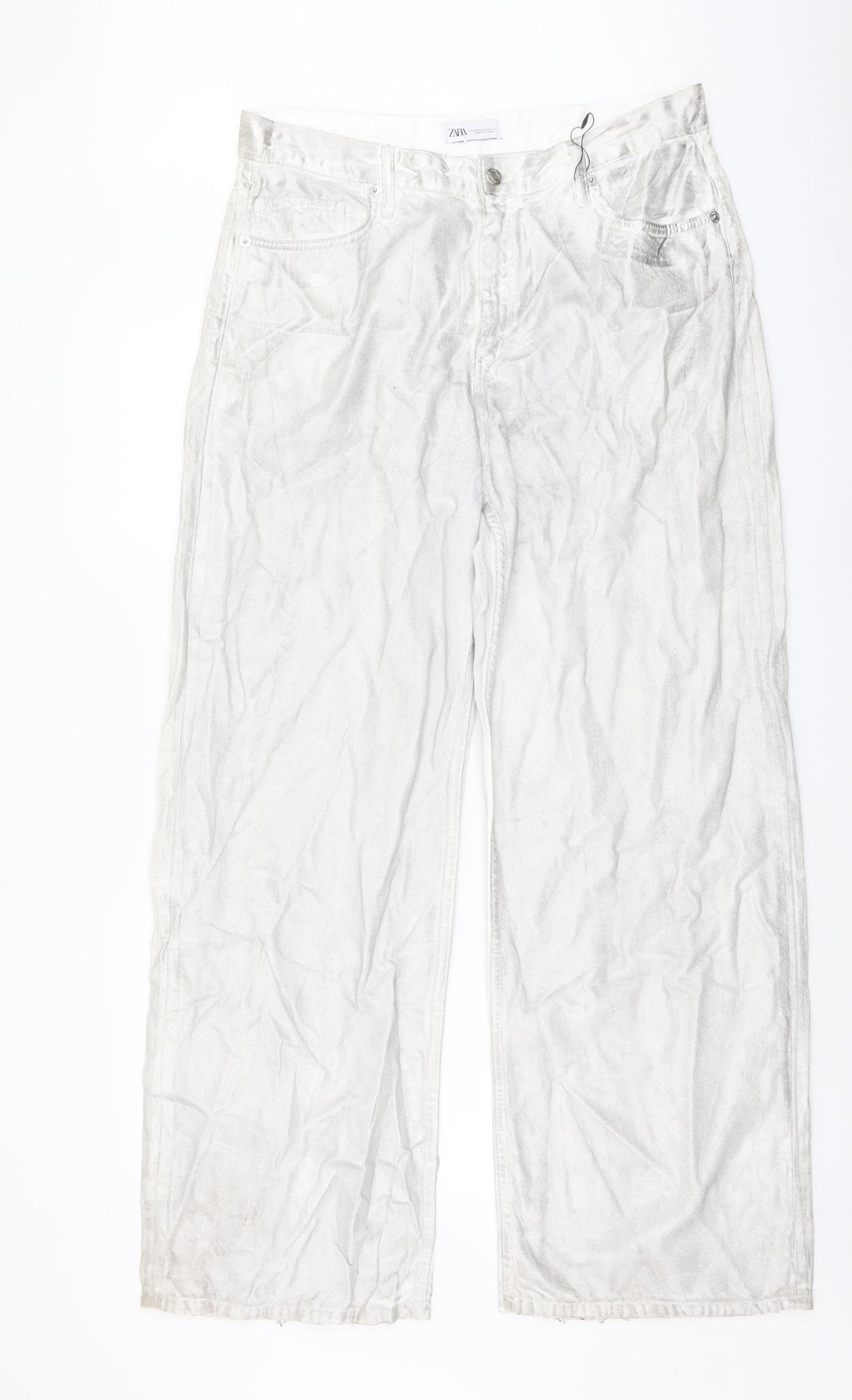 Zara Womens Silver Cotton Wide-Leg Jeans Size 16 L31 in Regular Button - Metallic