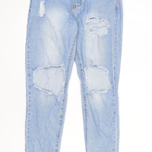 PRETTYLITTLETHING Womens Blue Cotton Tapered Jeans Size 10 L26 in Regular Zip - Raw Hem