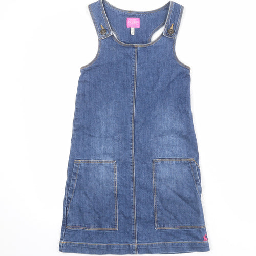 Joules Girls Blue Cotton Pinafore/Dungaree Dress Size 9-10 Years Scoop Neck Button