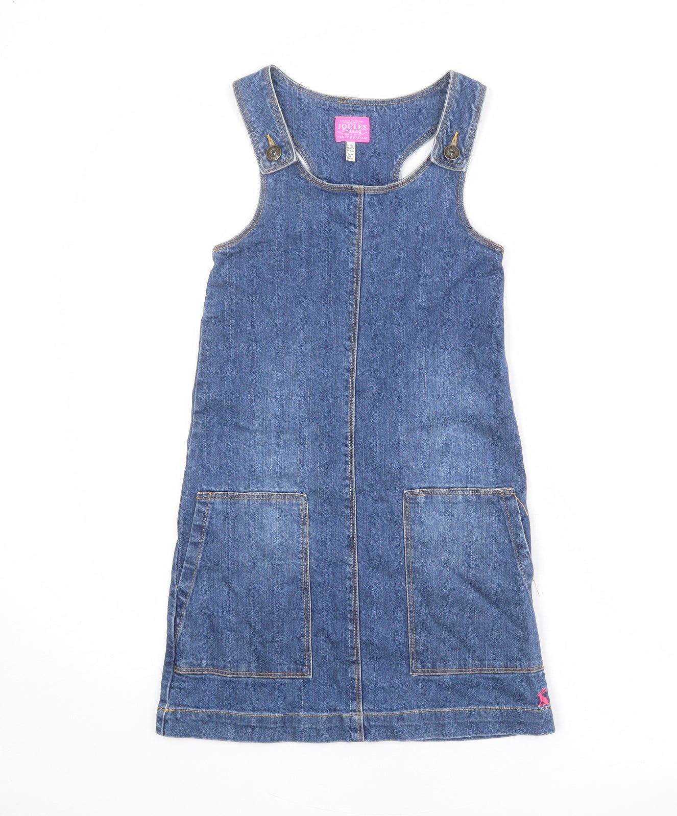 Joules Girls Blue Cotton Pinafore/Dungaree Dress Size 9-10 Years Scoop Neck Button