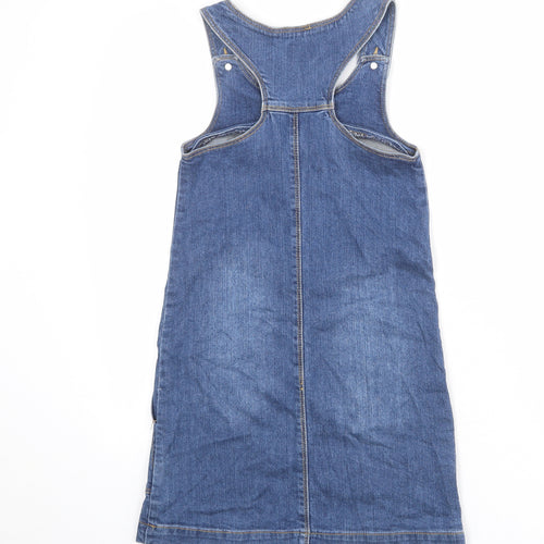 Joules Girls Blue Cotton Pinafore/Dungaree Dress Size 9-10 Years Scoop Neck Button