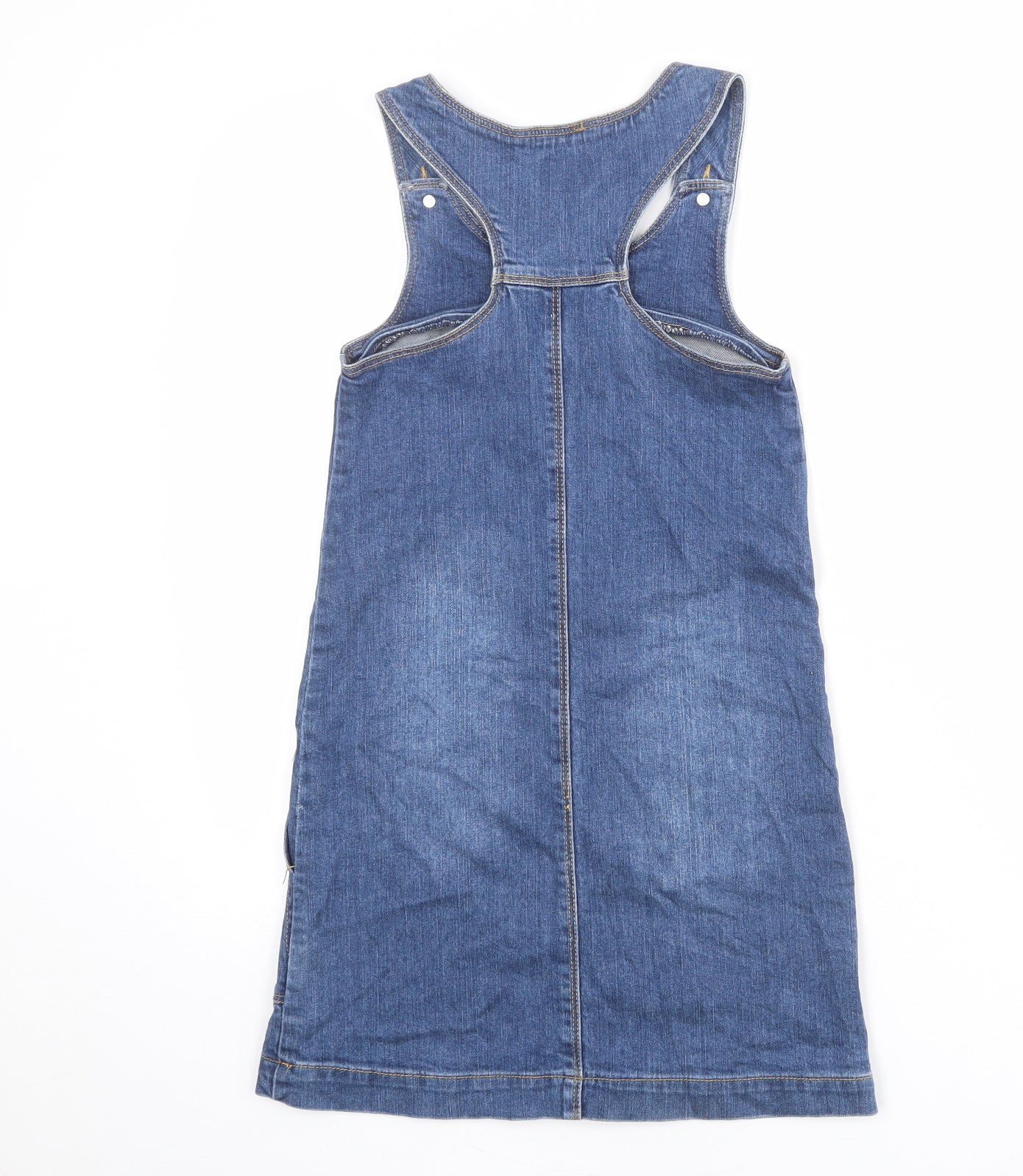 Joules Girls Blue Cotton Pinafore/Dungaree Dress Size 9-10 Years Scoop Neck Button