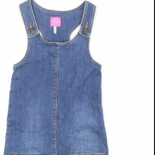 Joules Girls Blue Cotton Pinafore/Dungaree Dress Size 9-10 Years Scoop Neck Button